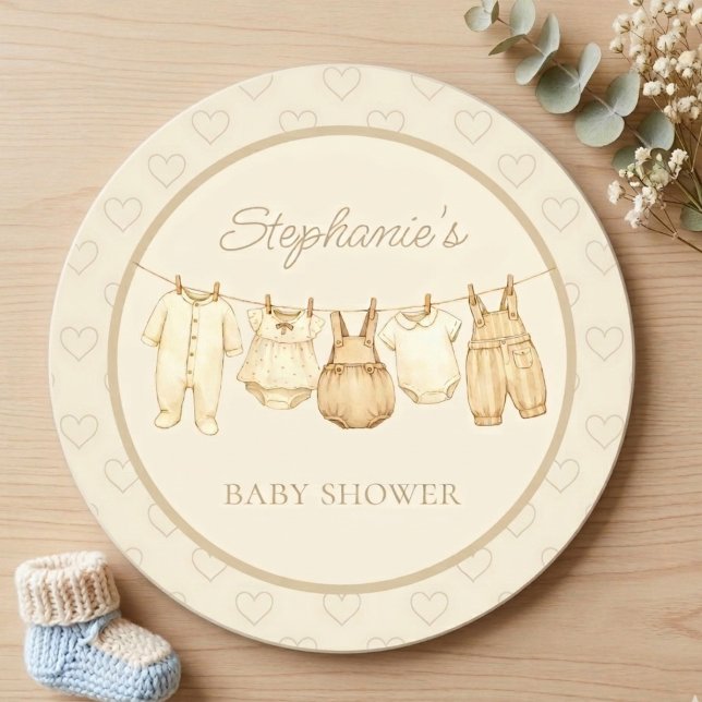 Dessous-de-verre Rond En Papier Boho Laundry Line Baby Shower (Gender neutral baby shower drink coaster.)
