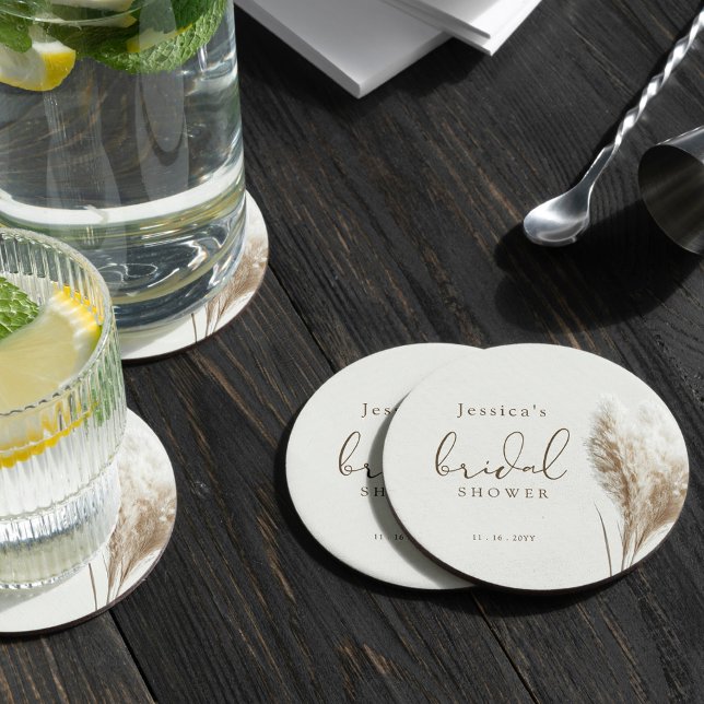 Dessous-de-verre Rond En Papier Boho Neutre Fluffy Pampas Grass Baby Shower Mariée (Créateur téléchargé)