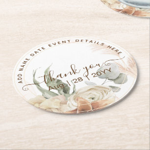 Dessous-de-verre Rond En Papier BOHO Pampas Grass Floral Coral Sage Mariage