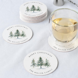 Dessous-de-verre Rond En Papier Bois d'hiver sapin de Noël personnalisé