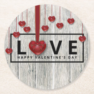 Dessous-de-verre Rond En Papier Bois moderne Saint Valentin Amour rustique Coeurs