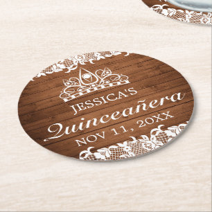 Dessous-de-verre Rond En Papier Bois rustique & dentelle blanche Tiara Quinceanera