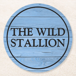 Dessous-de-verre Rond En Papier Bois rustique Faux Bleu Clair Gravé Nom Barre