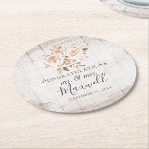 Dessous-de-verre Rond En Papier Bois rustique & Roses romantiques Shabby Chic Mari