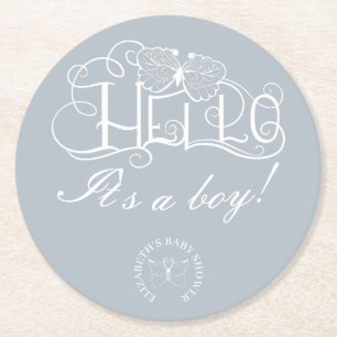 Dessous-de-verre Rond En Papier Bonjour baby shower de script décoratif bleu pouss