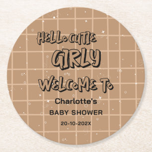 Dessous-de-verre Rond En Papier Bonjour Mignonne Fillette Mignonne Gingham Brun Ba