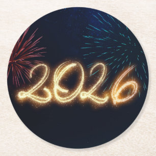 Dessous-de-verre Rond En Papier Bonne année 2026 Feux d'artifice scintillants