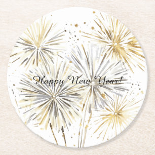 Dessous-de-verre Rond En Papier Bonne année Feux d'artifice argent or