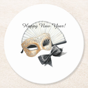 Dessous-de-verre Rond En Papier Bonne Année Masque Noir Or