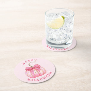 Dessous-de-verre Rond En Papier Bonne Halloween Coquette Rose Bow Citrouille