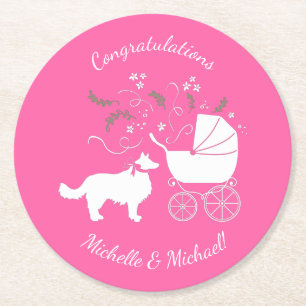 Dessous-de-verre Rond En Papier Bordure Collie Chien Baby shower Chien Chiot Rose 