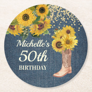 Dessous-de-verre Rond En Papier Bottes de cowboy tournesols en denim bleu 50e anni