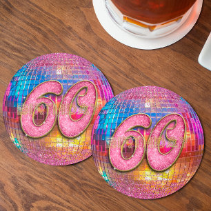 Dessous-de-verre Rond En Papier Boule disco à paillettes roses dorées pour 60e ann