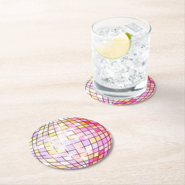 Dessous-de-verre Rond En Papier Boule Disco Rose (En situation)