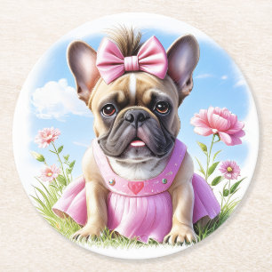 Dessous-de-verre Rond En Papier Bouledogue français Fleurs Bouledogue français