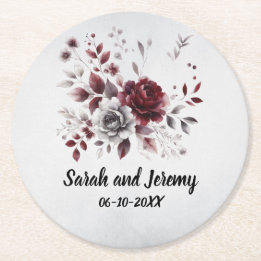 Dessous-de-verre Rond En Papier Bourgogne profond gris argent aquarelle floral per