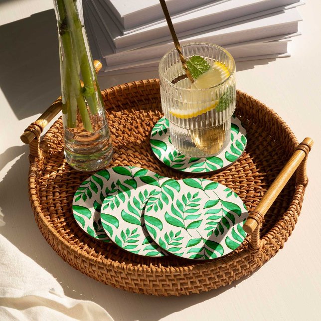 Dessous-de-verre Rond En Papier Branches d'aquarelle simples - vert (Créateur téléchargé)