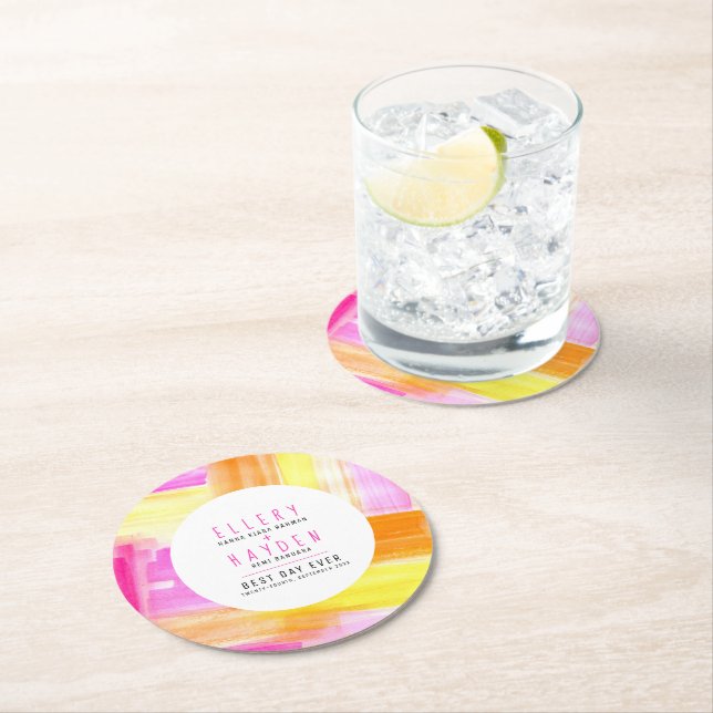 Dessous-de-verre Rond En Papier Bright abstract art pink yellow peach wedding (En situation)