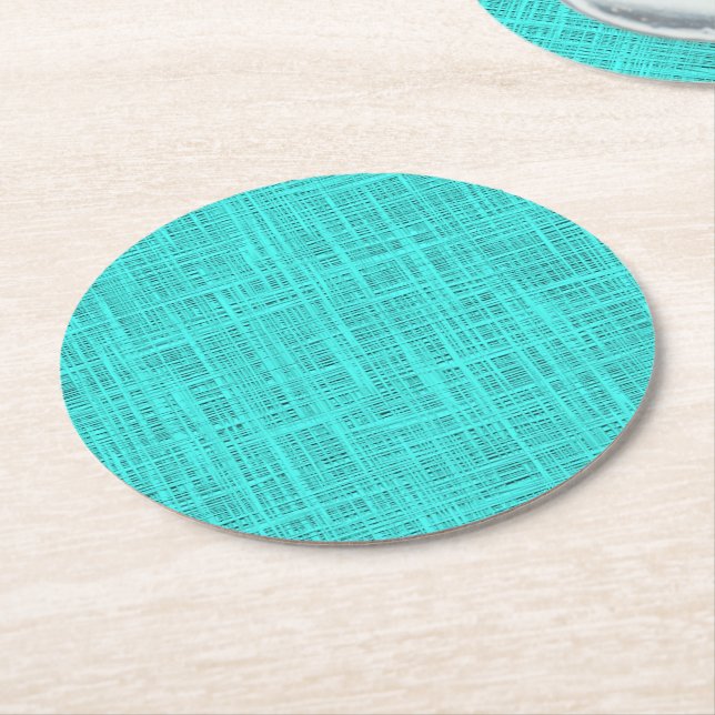 Dessous-de-verre Rond En Papier Bright Turquoise Faux Jute Motif de tissage textil (Incliné)