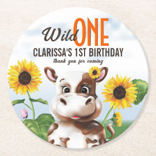 Dessous-de-verre Rond En Papier Brown vache tournesol fille premier anniversaire