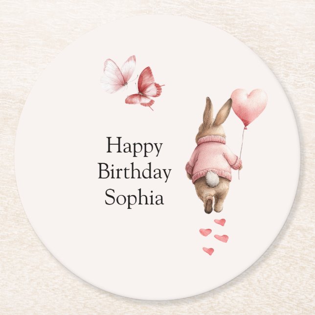 Dessous-de-verre Rond En Papier Bunny Heart Balloon Pink Butterflies Birthday (Devant)
