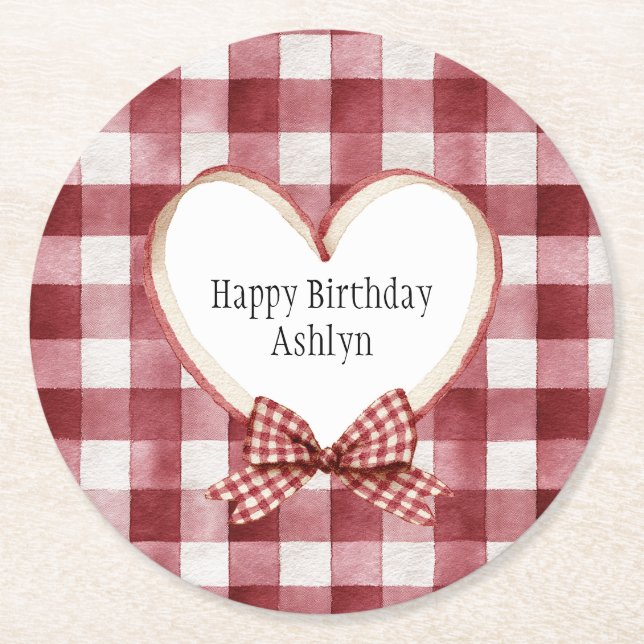 Dessous-de-verre Rond En Papier Burgundy Red White Heart Ribbon Birthday (Devant)