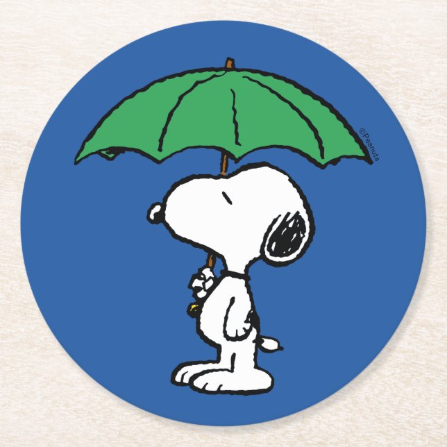 Dessous-de-verre Rond En Papier cacahuètes | Parapluie vert Snoopy (Devant)