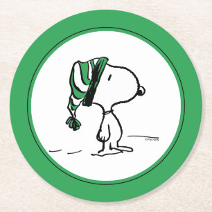 Dessous-de-verre Rond En Papier cacahuètes   Snoopy Green Casquette de neige