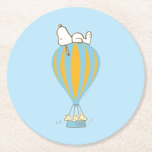 Dessous-de-verre Rond En Papier cacahuètes | Snoopy & Woodstock Hot Air Balloon (Devant)