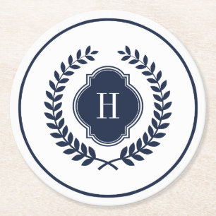 Dessous-de-verre Rond En Papier Cadre circulaire monogramme de crête bleu marine