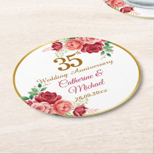 Dessous-de-verre Rond En Papier Cadre floral en or pour 35e anniversaire de mariag