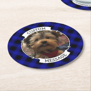 Dessous-de-verre Rond En Papier Cadre Photo Personnalisé Bleu & Noir Plaid
