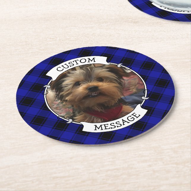 Dessous-de-verre Rond En Papier Cadre Photo Personnalisé Bleu & Noir Plaid (Incliné)