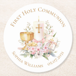 Dessous-de-verre Rond En Papier Calice Floral Rose Première Sainte Communion