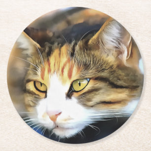 Dessous-de-verre Rond En Papier Calico Jaune Chat réaliste Portrait pour animal