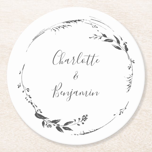 Dessous-de-verre Rond En Papier Calligraphie à couronne florale Mariage personnali (Devant)