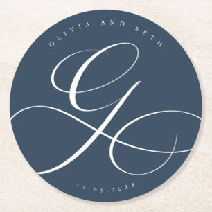 Dessous-de-verre Rond En Papier Calligraphie Élégante “G” Mariage Bleu