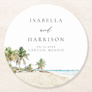 Dessous-de-verre Rond En Papier CANCUN Aquarelle Plage Palmier Destination