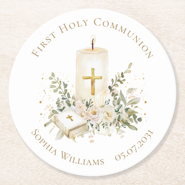 Dessous-de-verre Rond En Papier Candle Cross Bible Roses First Holy Communion (Devant)