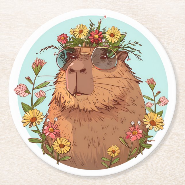 Dessous-de-verre Rond En Papier Capybara en lunettes de soleil Été (Devant)