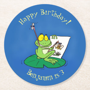 Dessous-de-verre Rond En Papier Caricature amusante de grenouille verte