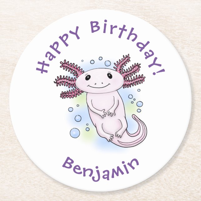 Dessous-de-verre Rond En Papier Caricature axolotl rose adorable (Devant)