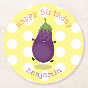 Dessous-de-verre Rond En Papier Caricature d'aubergine d'aubergine joliment heureu