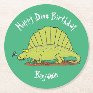 Dessous-de-verre Rond En Papier Caricature de Dimetrodon pour dinosaure vert