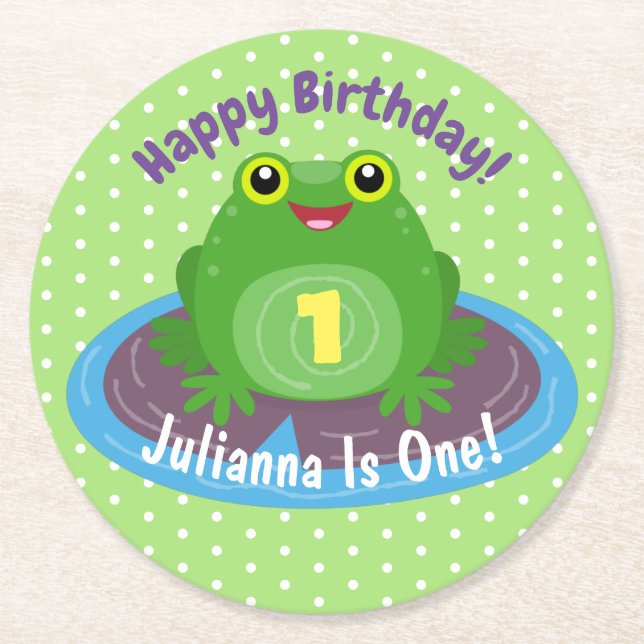 Dessous-de-verre Rond En Papier Caricature de grenouille verte kawaii joyeux (Devant)