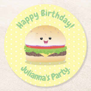 Dessous-de-verre Rond En Papier Caricature de hamburger kawaii joyeux