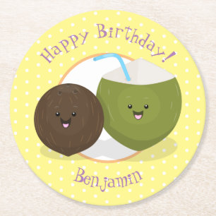 Dessous-de-verre Rond En Papier Caricature de noix de coco kawaii joyeux