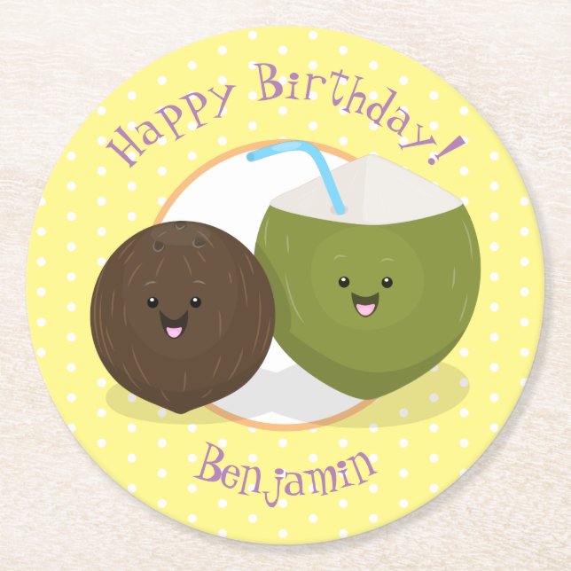 Dessous-de-verre Rond En Papier Caricature de noix de coco kawaii joyeux (Devant)