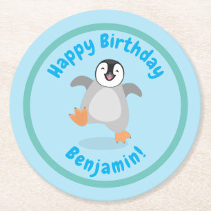 Dessous-de-verre Rond En Papier Caricature de pingouin mignonne bébé heureux emper