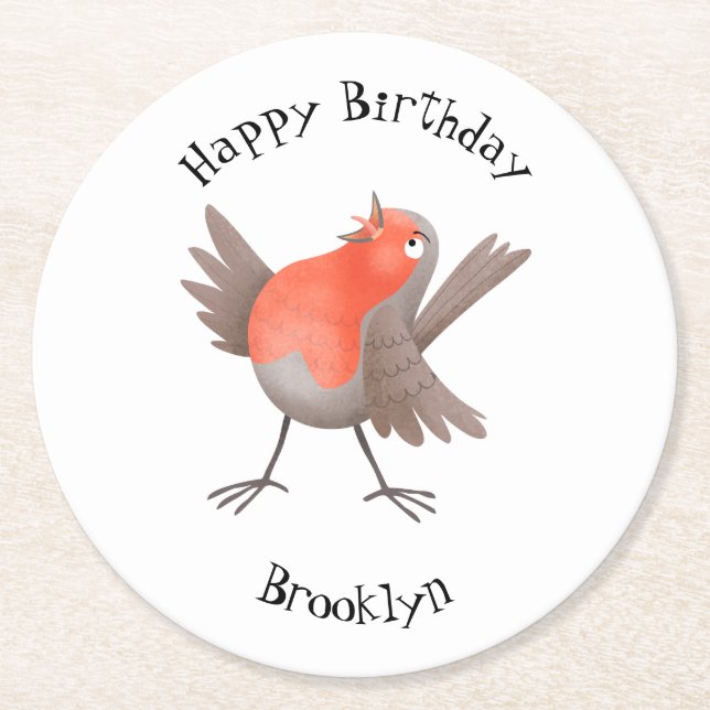 Dessous-de-verre Rond En Papier Caricature d'oiseau rouge chantant mignon (Devant)